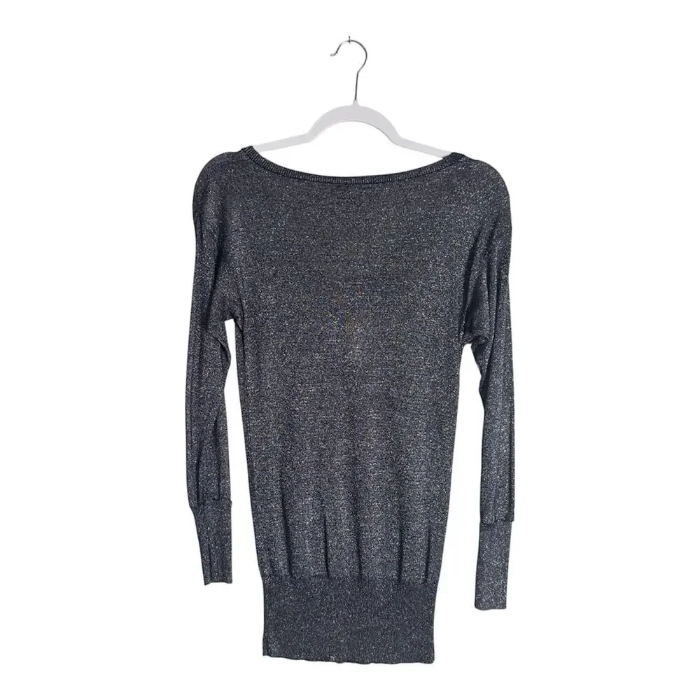 Cache Womens Y2K Metallic Knit V-Neck Sweater Navy Blue Shimmer Party Glam Sz S